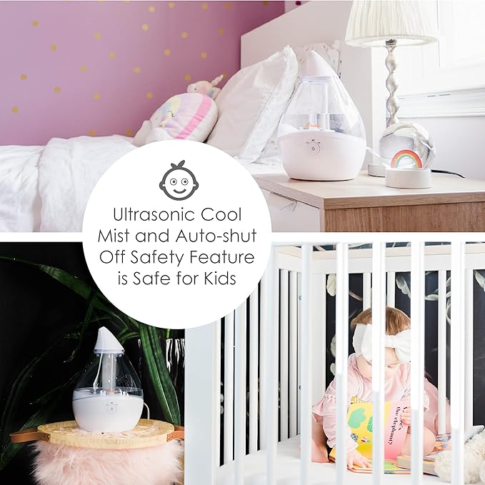Crane Ultrasonic Teardrop Humidifier for Baby, Cool Mist, Auto Shut off, Adjustable Humidity, for Nursery, Bedroom, Clear and White, 0.5 Gallon