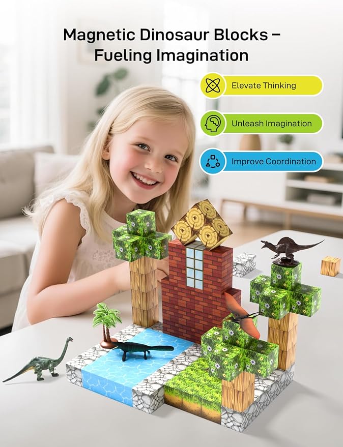 108PCS Magnetic Building Blocks with 6 Dinosaur Toys for Kids 3-5,Toddler World Magnetic Cubes ,STEM Toys for 4-8 5-7 Year Old Boys Girls,Sensory Creative Activities Holiday Birthday Party Favor Gift