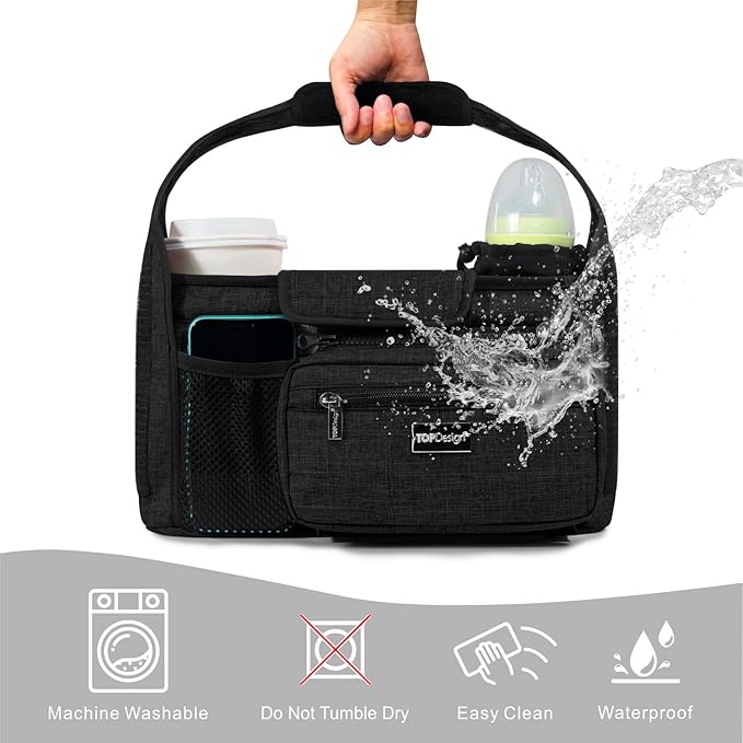 TOPDesign Universal Baby Stroller Organizer, Stroller Caddy with Detachable Mesh Bag & Heightened Insulated Cup Holders & Non-Slip Secure Hooks Accessories, Fits Most Strollers (Green Bandanna)