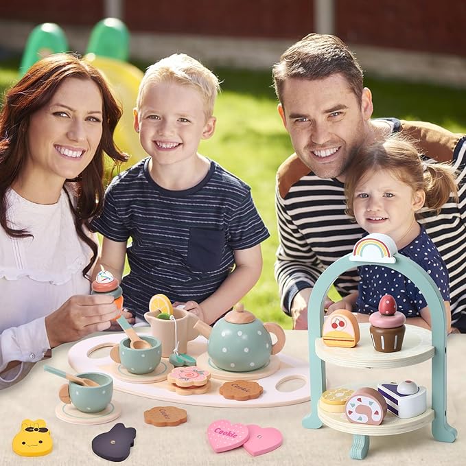 Atoylink Wooden Tea Party Set for Little Girls 28 Pcs Toddler Tea Set with Cupcake Stand & Food Pretend Play Accessories Kids Kitchen Playset Wooden Toys for 2 3 4 5 6 Year Old Girl Birthday Gift