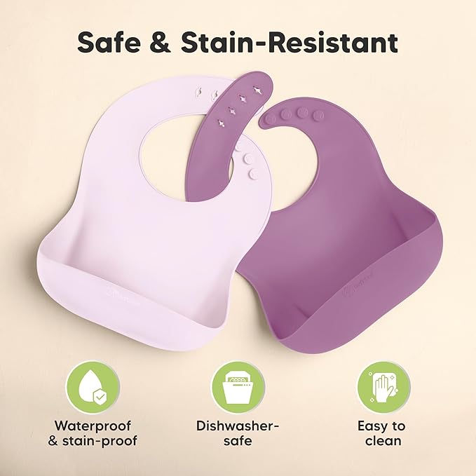 KeaBabies 2-Pack Silicone Baby Bibs for Eating - Sturdy Food-Grade Silicone Bibs for Babies Girl, Boy, Large Food Catcher, Clean & Put On Easily, Waterproof Toddler Feeding Essentials (Amethyst)