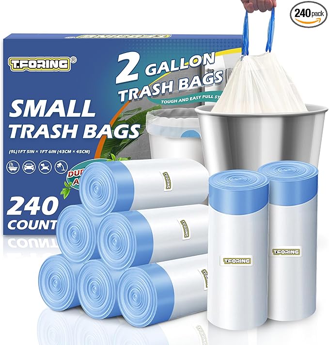 240 Count 2 Gallon Trash Bags Drawstring - Thick Small Garbage Bags Unscented,0.96 Mil White Mini Trash Can Liners,Strong Waste Basket Bags 7.5 Liter for Home Bathroom Office Car