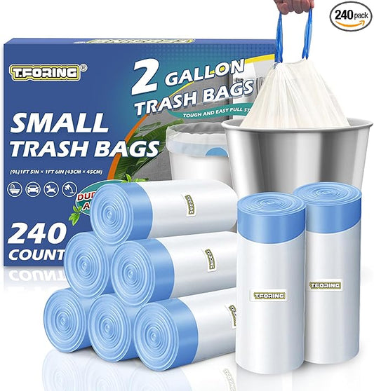 240 Count 2 Gallon Trash Bags Drawstring - Thick Small Garbage Bags Unscented,0.96 Mil White Mini Trash Can Liners,Strong Waste Basket Bags 7.5 Liter for Home Bathroom Office Car