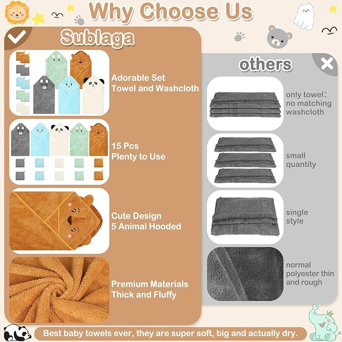 15 Pcs Baby Bath Towels- 5 x Hooded Baby Towels and 10 x Baby Washcloths Set, 32 x 32 Inch Hooded Toddler Towel Bath Blanket Absorbent Hooded for Toddler Infant Newborn Shower Gift for Boys & Girls