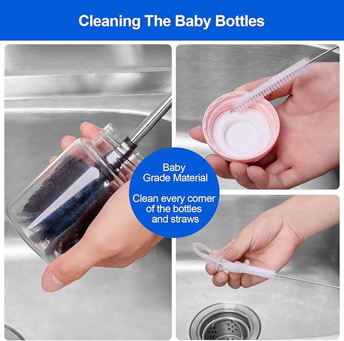 3 Pack Bottle Brush Set, Long Handle Baby Bottle Brush Cleaner with Straw Brush and Lid Brush, Water Bottle Scrubber, Kitchen Scrub Cleaning Brushes for Cups, Coffee Mugs, Tumblers, Thermos