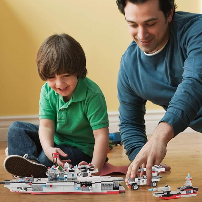 Liberty Imports 825pc Military Aircraft Carrier Fleet Construction Bricks Toy - 8-in-1 Naval Battleship Models with Navy Vehicles, Jets & More - Compatible with Major Brands - Storage Case Included