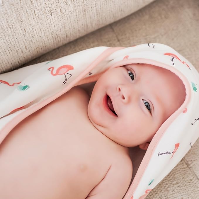 Bamboo Viscose Baby Hooded Towel & Washcloth Set for Babies and Toddlers, Soft & Absorbent, 70% Viscose from Bamboo, 30% Cotton Muslin - Imported (Flamingo)