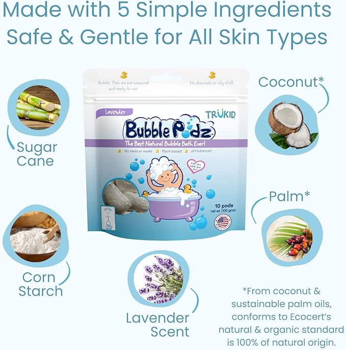 TruKid Lavender Bubble Podz & BubbleGlove Set – Bubble Bath Pods with 2 Wash Gloves for a Calming Bath Routine