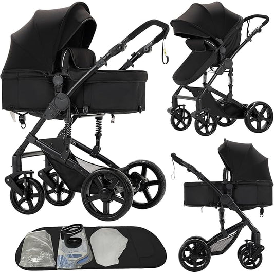 2 in 1 Baby Stroller, Convertible Pram, Reversible Standard Baby Stroller, Portable Baby Buggy, Infant Carriage, Foldable High Landscape Pushchair for Toddler Newborn (2US588-BLACK)