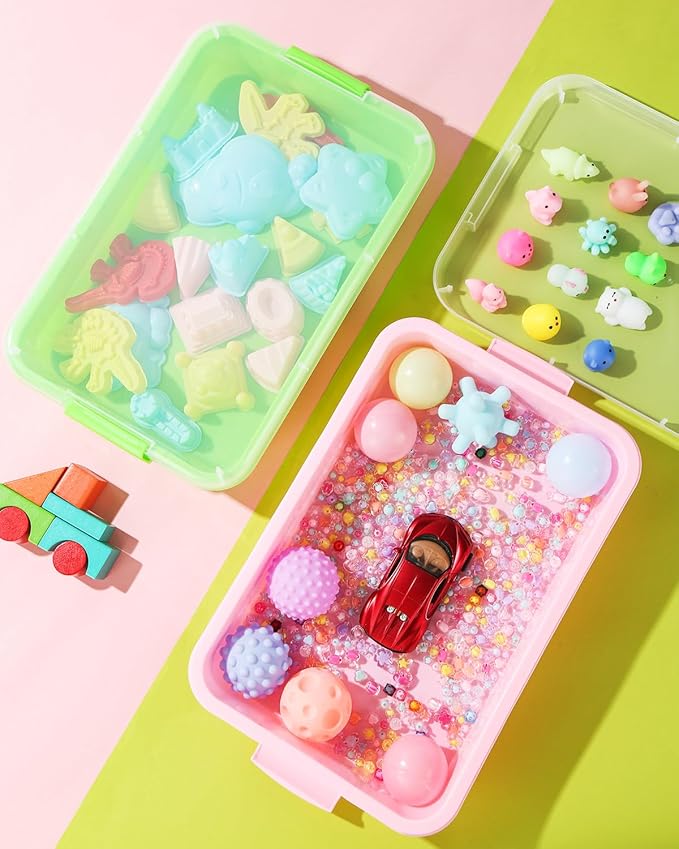 Sensory Bin Sand Tray with Lid for Toddlers 2 Pcs 15in Portable Sandbox Toy Large Plastic Tray for Kids 3 4 5 6 Fill with Sand, Water, Beads, and More (Pink + Green)