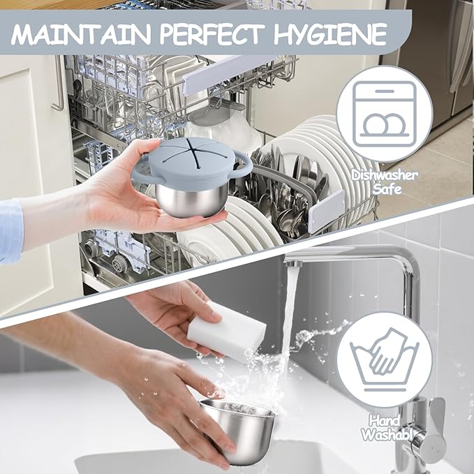 2-Pack Stainless Steel Snack Containers for Kids with Spill-Proof Silicone Lids & Handles - 3-in-1 Baby Snack Cups, No-Spill Toddler Snack Box, Perfect for On-the-Go Healthy Eating（Grey+Grey Purple）