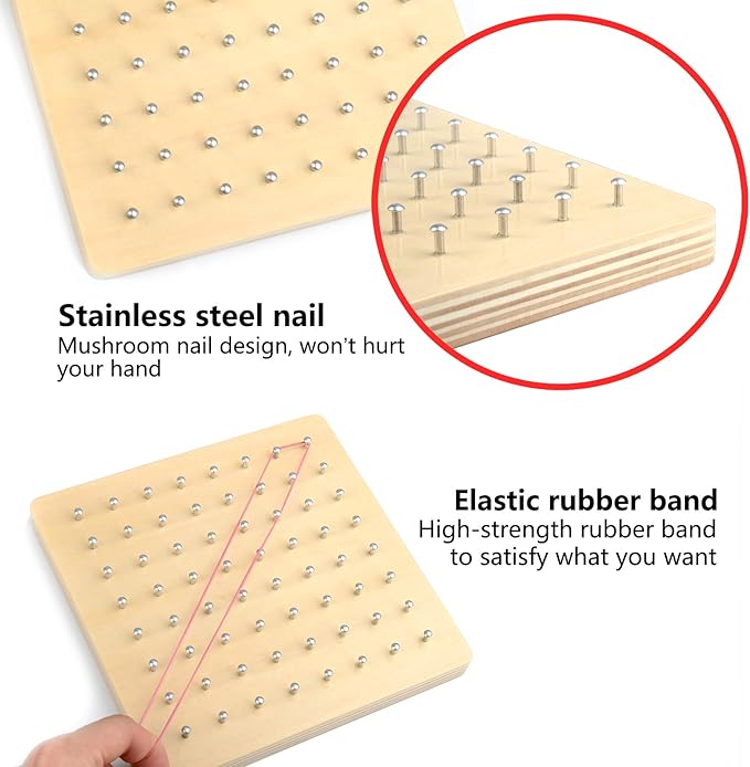 Thoth Montessori Wooden Geoboard Mathematical Manipulative Material Array Block Geo board with 36Pcs Pattern Cards and Rubber Bands Matrix 8x8 for Kids Graphical Educational Toys Early Development Toy