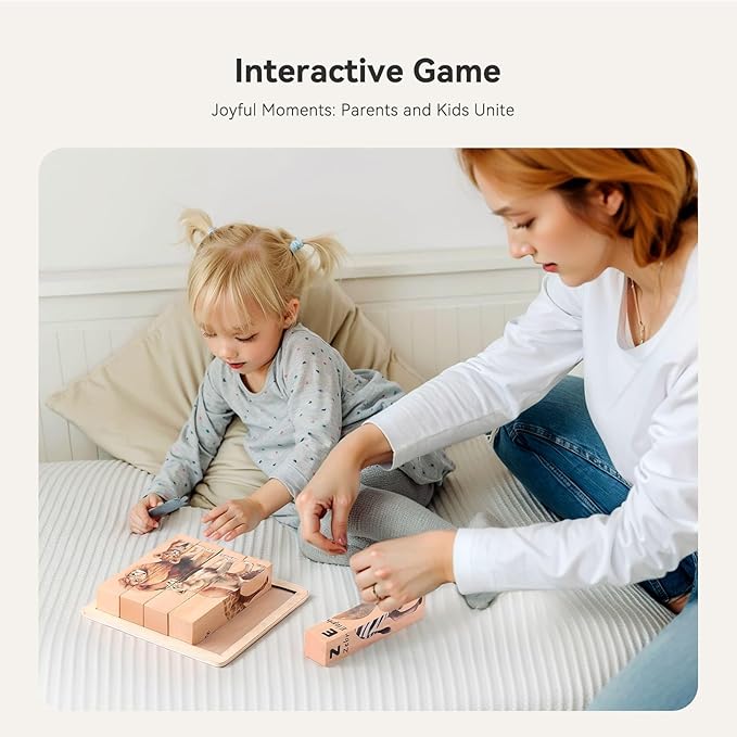 4 in 1 Wooden Animal Chunky Puzzle, 5 Solid Wood Puzzle Blocks with 4 Sides Realistic Safari Animals, Wooden Block Puzzle with Durable Base for Toddlers 3+ Years - Montessori Inspired