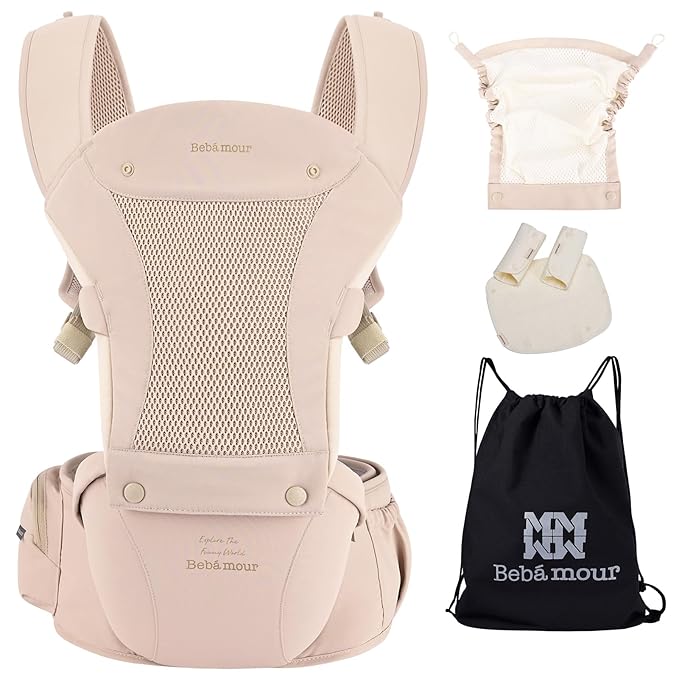 Bebamour Baby Carrier with Hip Seat,All-Position Breathable Mesh Hip Seat & Carrier 0-36Months with Head Hood, 3 PCS Teething Pads, Waist Extender,Storage Bag & Pacifier Case (Pink)