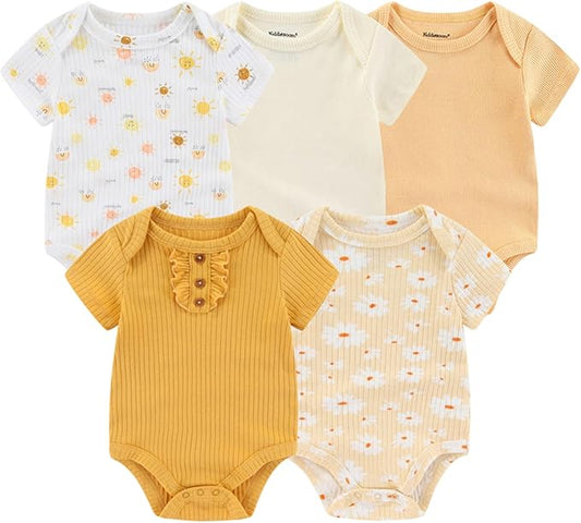 Kiddiezoom Newborn Baby Unisex Cotton One-Piece Bodysuits Baby Gift 5-Pack Baby Clothes