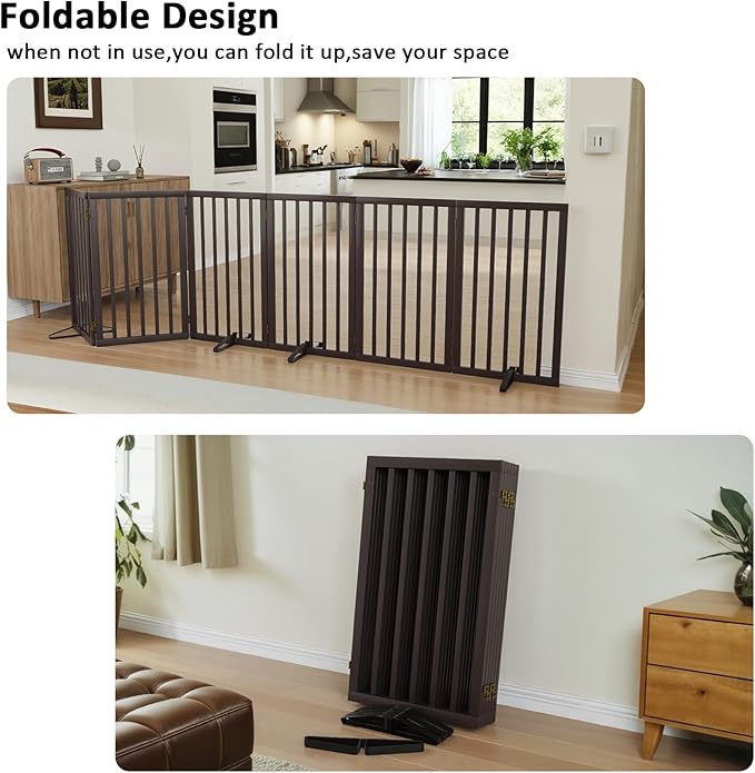Dog Gate for Doorways 32" Tall Freestanding Dog Gate for Stair Foldable Pet Gate for Dogs Indoor (Brown,6 Panel)