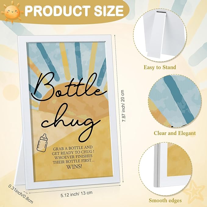 Roowest Bottle Chug Baby Shower Game Favors Including 18 Pcs Feeding Bottles with 1 Sun Theme Bottle Chug Wooden Sign for Gender Reveal Baby Shower Party Supplies