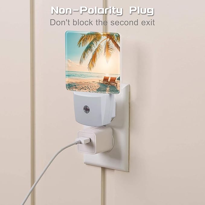 Beach and Sunset Night Light Plug into Wall, Tropical Palm Tree and Ocean Dusk to Dawn Night Light Plug in,0.5w Energy Saving Sleep Friendly NightLight for Kids Boys Girls Home Decor