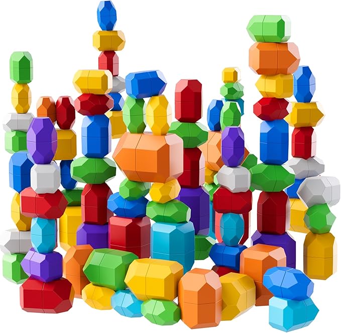Lucky Doug 50 PCS Extra-Large Stacking Rocks Toys for Age 1-3 2-4, Safe Montessori Stacking Building Blocks Stones Toddlers Toy for 1 2 3 4 Year Old Boy Girl, Sensory Toys Gifts for Kids Age 1-2 2-4