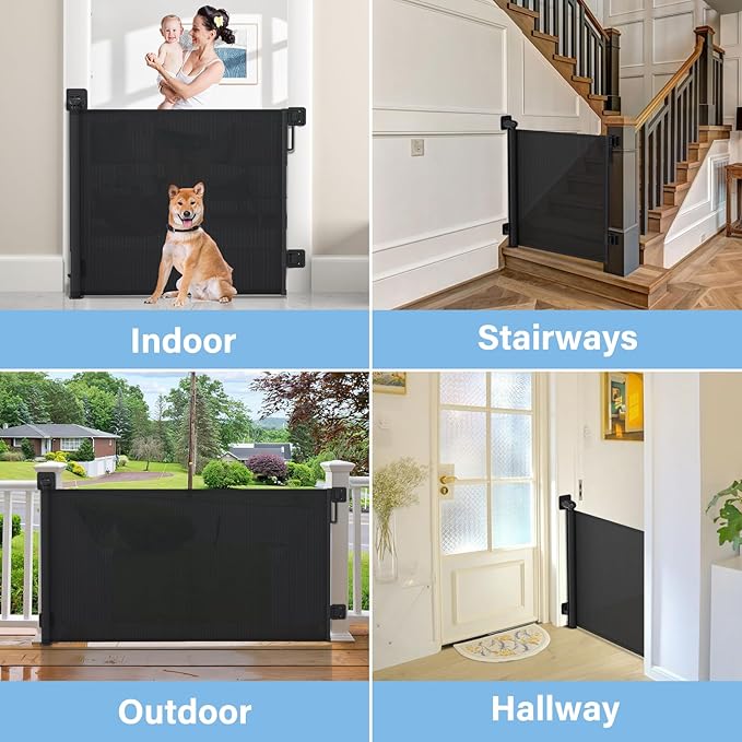 Retractable Baby Gates for Stairs No Drill, PRObebi Retractable Dog Gate Indoor Extends to 54" Wide 34" Tall, Child Gates for Doorways, Stair Gate Use for Outdoor, Hallways, Doorways, Deck, Porch