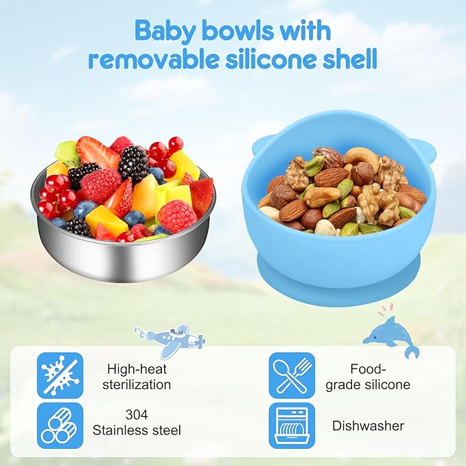 2 Pack Stainless Steel Baby Bowls with Removable Non-Slip Silicone Suction Shell, Anti Scald Food Container for Baby Food Feeding, Forks + Spoons Included-Blue & Pink