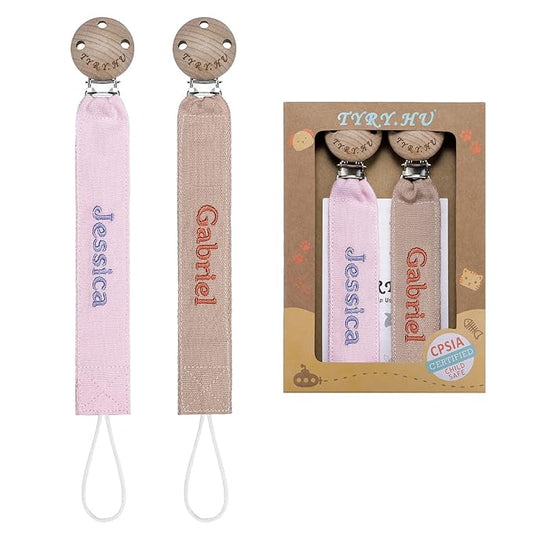 TYRY.HU Personalized Pacifier Clip with Name, Embroidery Pacifier Holder for Baby Girls and Boys, Neutral Binky Clips Universally Fit All Pacifiers & Baby Toys, Baby Gift, 2 Pack(Pink, Khaki)