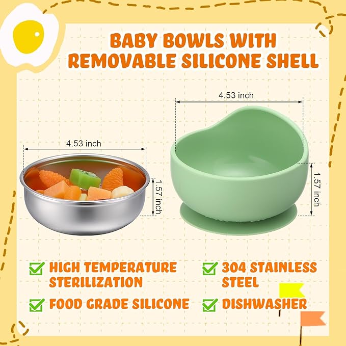 Nuogo 6 Pcs Stainless Steel Baby Bowls with Removable Silicone Shell 304 Toddler Bowls Kids Anti Scald Snack Container for Food Feeding, Dishwasher Safe(Fresh Color,Suction-b)