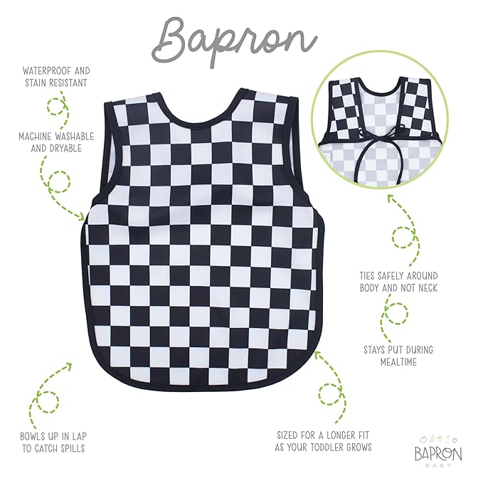 BapronBaby Black Checkerboard Bapron - No Neck Tie Safer Bib for Baby & Toddler - Soft Waterproof Stain Resistant - Machine Washable - Sz Preschool 3-5yrs
