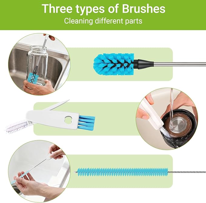 3-in-1 Bottle Brush, 15 Inches Long Handle Kitchen Water Bottle Brush, Stainless Steel Bottle Cleaner Brush with Straw Brush & Lid Brushe for Cleaning Wine Glasses,Coffee Mugs,Tumblers,Wine Decanters