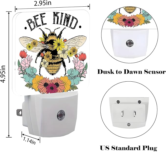 Bees and Flowers Night Light,Plug Into Wall for Boys Girls Bedroom Decorative Square Night Light Lamp 0.5w Sleep Friendly