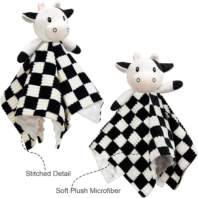 Cow High Contrast Baby Security Blanket for Babies, Soft 3D Checkerboard Lovey with Minky Dot Fabric Backing, Newborn Boys and Girls Snuggle Stuffed Animal Blankie 14 Inch