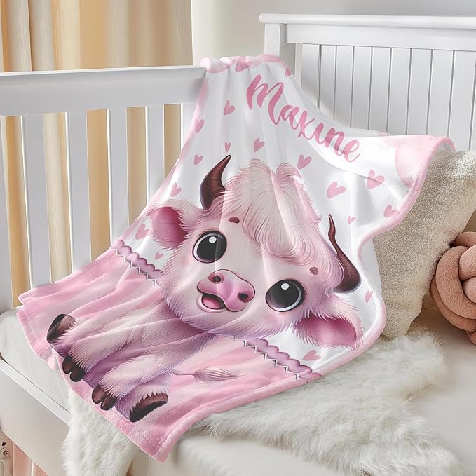 Personalized Baby Blanket for Girls, Custom Baby Blanket with Name, Soft Cozy Personalized Name Blankets for Kids, Customized Cow Blanket for Infant Toddler Birthday Christmas