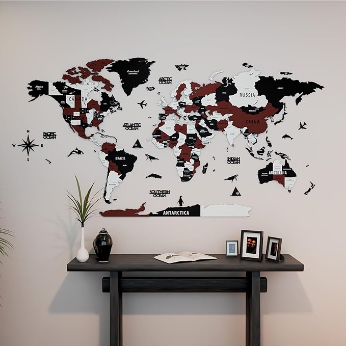 Colorfull Worlds 3D Wooden World Map Wall Art | Unique Wall Decor with Pins for Travel Enthusiasts | Home and Office Wall Décor | Burgundy | XXLarge