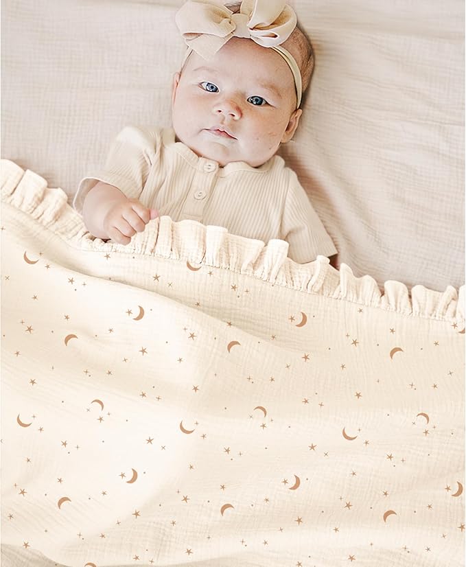 Konssy Flounce Muslin Baby Blankets, Cotton Crib Blanket for Baby Infant Toddler, Super Soft and Lightweight Nursery Blankets 40"x36" (Moon)