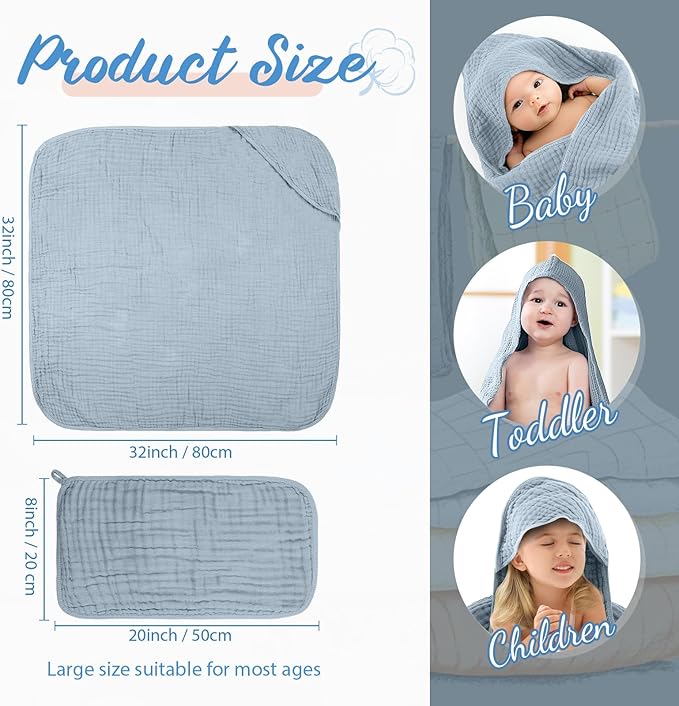 VitalCozy 8 Pcs Baby Muslin Hooded Bath Towels and Washcloths, 32 x 32 Inch Muslin Hooded Baby Towels Absorbent Blankets for Gift Newborn Infant Shower (Modern Style)