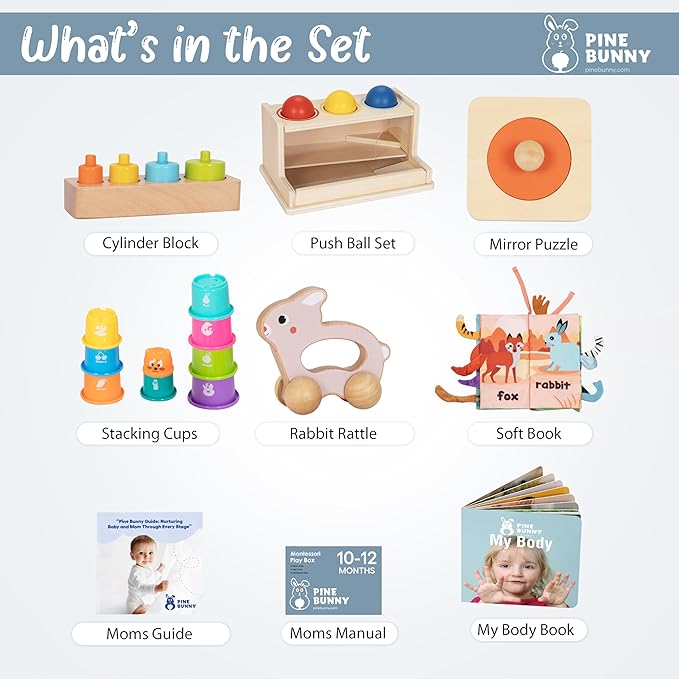 Pine Bunny Montessori Wooden 11-in-1 Toy Set for 10+ Months, Cylinder Block, Push Ball Box, Mirror Puzzle, Stacking Cups Rabbit Rattle Soft Book Educational Learning Color Recognition Fine Motor Toys