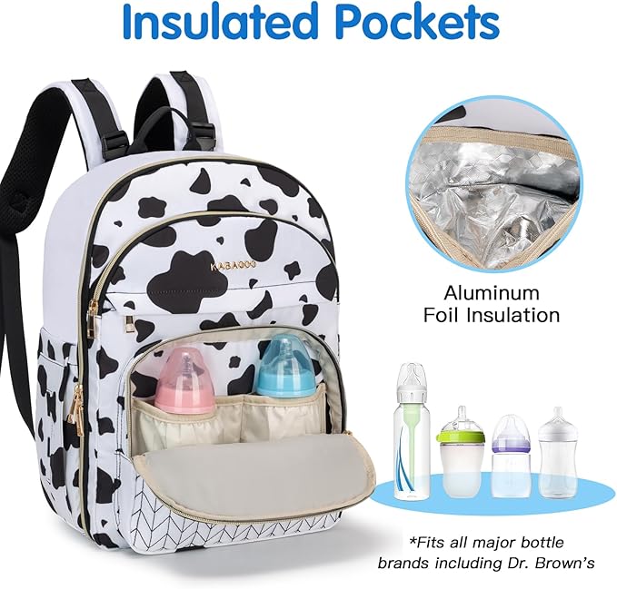KABAQOO Baby Diaper Bag Backpack, Waterproof Diaper Backpack for Mom & Dad with Changing Pad, Insulated Pockets and Stroller Straps, Baby Shower Gifts for Girls & Boys, Cow
