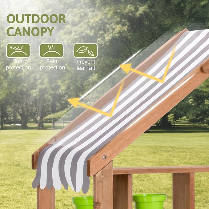 OOOK Mud Kitchen for Kids Outdoor, Kids Kitchen Playset with Canopy, Gardening Tools, Chalkboard, Flower Pot, Cookingware, Removable Water Tank, Ideal Gift for Boys and Girls 3+, Solid Fir Wood.