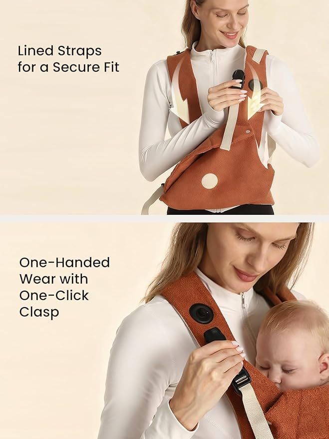 Grownsy Baby Carrier Newborn to Toddler (7-44lbs), Ergonomic & Cozy Wraps with One-Click Buckle, Head Support for Hands-Free Comfort, Sepia