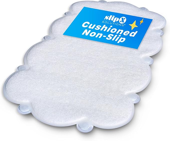 SlipX Solutions Cloud Shaped Kid & Baby Bath Mat for Tub & Shower 17” x 29”, Non-Slip Bathmat, Soft Loofah Cushioning for Sensitive Feet, Built-in Product Protection, Machine Washable, White