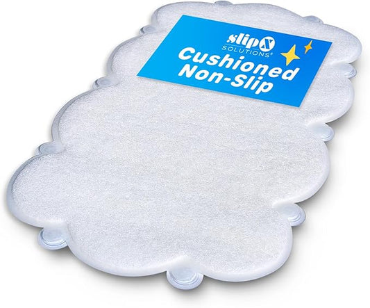SlipX Solutions Cloud Shaped Kid & Baby Bath Mat for Tub & Shower 17” x 29”, Non-Slip Bathmat, Soft Loofah Cushioning for Sensitive Feet, Built-in Product Protection, Machine Washable, White