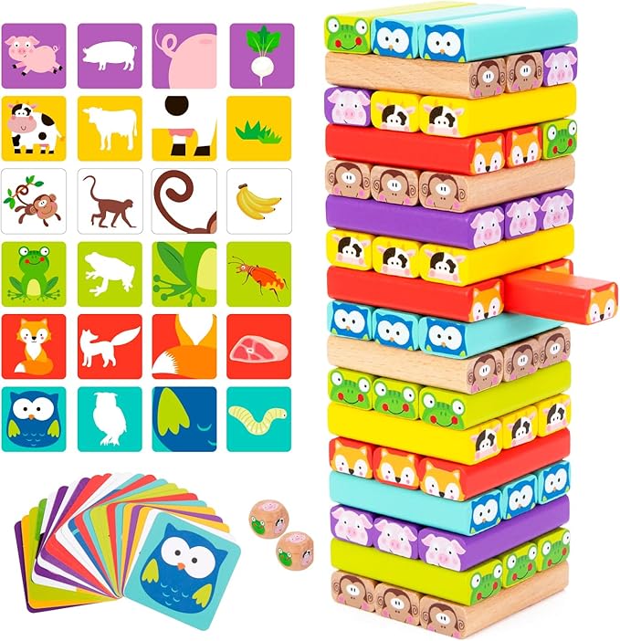 Nene Toys Wooden Tumble Tower Game with Animals & Colors, 4-in-1 Educational Family Board Game for Kids Ages 3-9, Creativity & Cognitive Skills Booster - Gift for Boys Girls 3+ Years