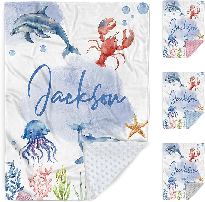 Custom Sea Animals Baby Blanket with Name, Personalized Baby Name Blanket for Toddler Infant, Double Layer Receiving Swaddle, Customized Gifts for Newborn Shower Birthday Expect Mom(60"x80")