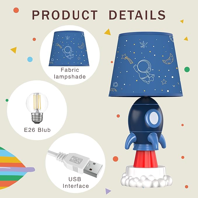 Rocket Lamp,Kids Lamp,Space lamp with E26 LED Blub & Shade,Space Decor for Boys Room,Apply to Space Themed Bedroom Decor(Blue)