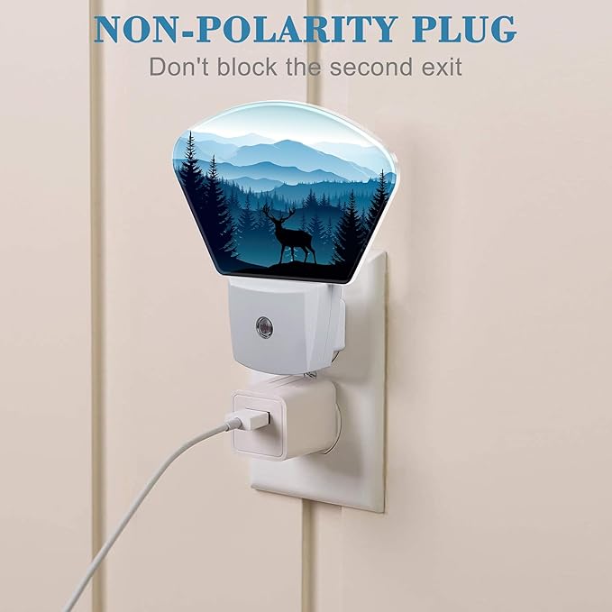 Blue Misty Mountains Plug in Night Lights, Deer Nightlight Plug Into Wall Dusk to Dawn Sensor for Kid Girls Boys Women Men Bedroom, Hallway, Kitchen, Bathroom, Stairs Decor