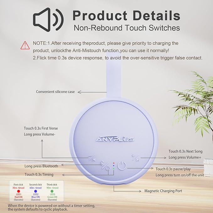 White Noise Sound Machine, Portable Sound Machine for Sleeping Adults & Baby, with Bluetooth 5.1/24 Soothing Sounds/Battery Powered/3 Timer Memory Function for Office/Bedroom/Travel（Purple）