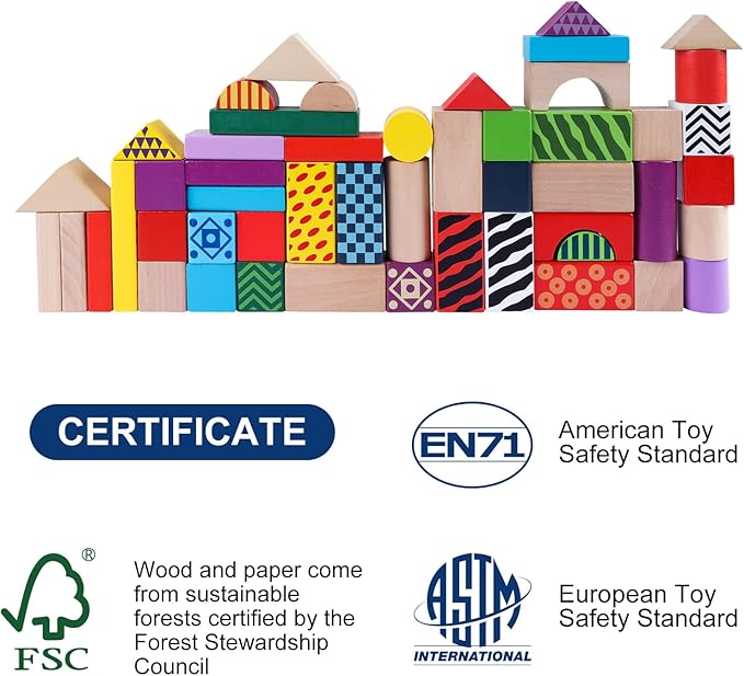 50 Pcs Wooden Building Blocks Set with Storage Bucket, Montessori Stacking Blocks & Shape Sorting Toys for Toddlers, Preschool Learning Toys for Boys & Girls, Kids Brightly Colored Blocks