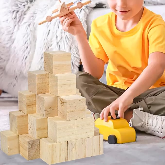 32 Pcs 2-Inch Unfinished Wooden Cubes - Natural Solid Wood Blocks for DIY Crafts, Geometric Art Puzzles, Letter Stamps & Building Kits