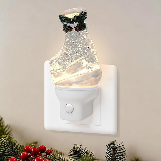 Christmas Night Light Plug into Wall Glitter Water Nightlight with USB/Outlet Options, Christmas Ski Boots Decorative Nightlight for Bedroom Kitchen Nursery Holiday Decorations Gifts (Ski Boots)