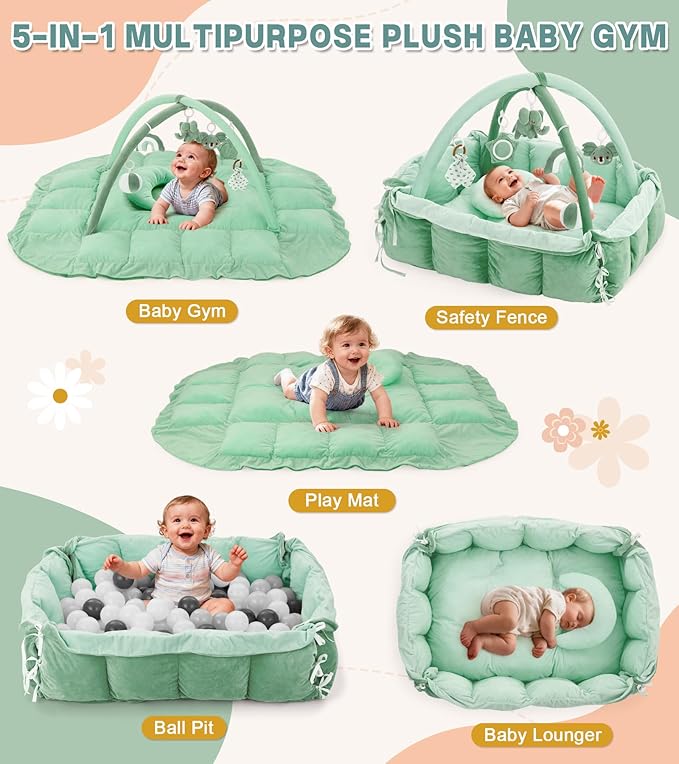 5-in-1 Baby Play Gym and Tummy Time Mat, Tummy Time Pillow & 12 Learning Cards, Plush Activity Mat with 6 Toys, Baby Gym, Convertible to Ball Pit & Pet Bed, Baby Gift, Sage Green